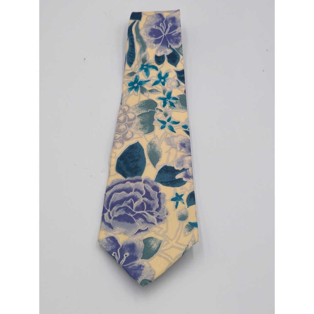 Robert Stock Mens Silk Tie Yellow Purple Floral Pattern Made in USA Necktie